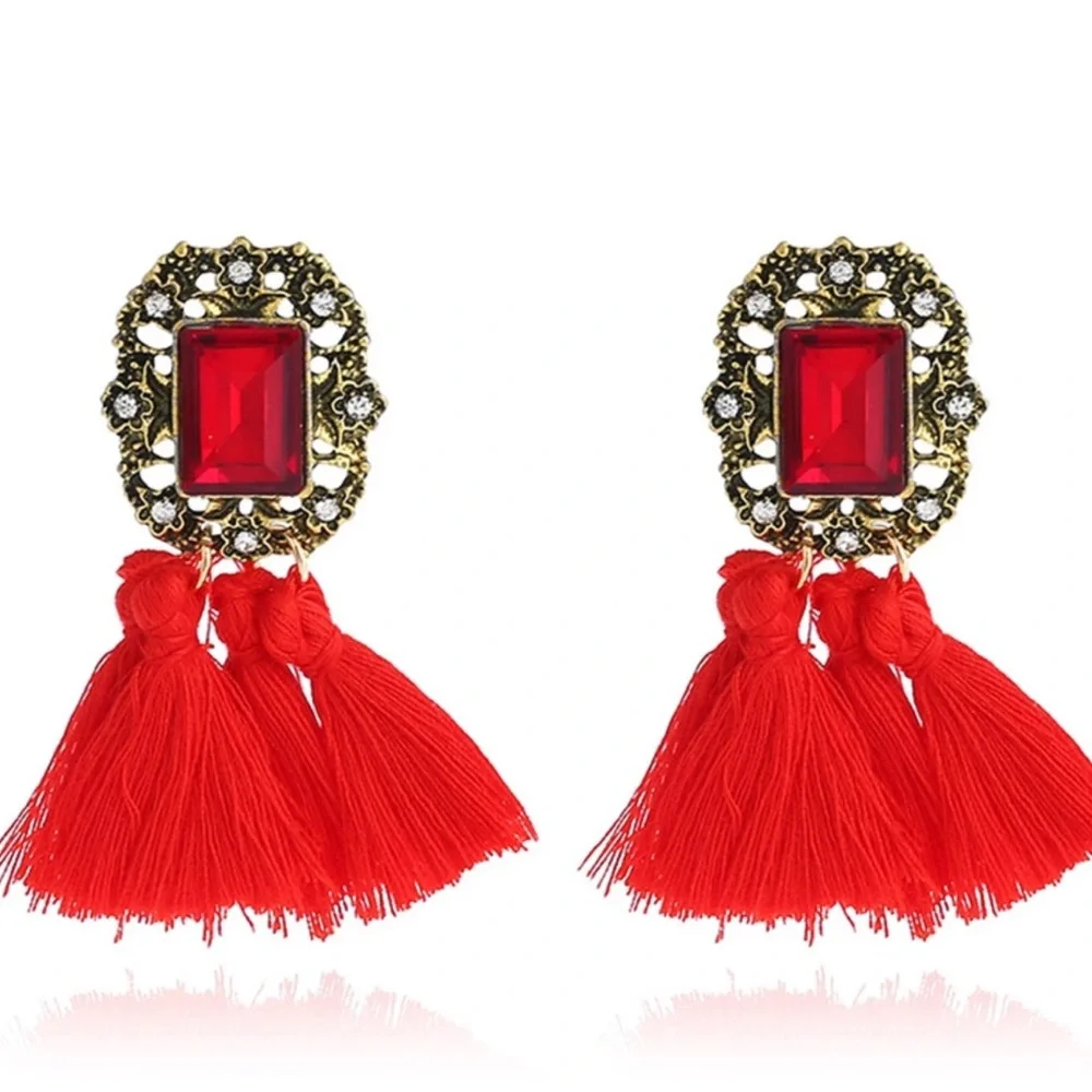 Gemstone Crystal Tassel Drop Earrings Women Color Red & Gold